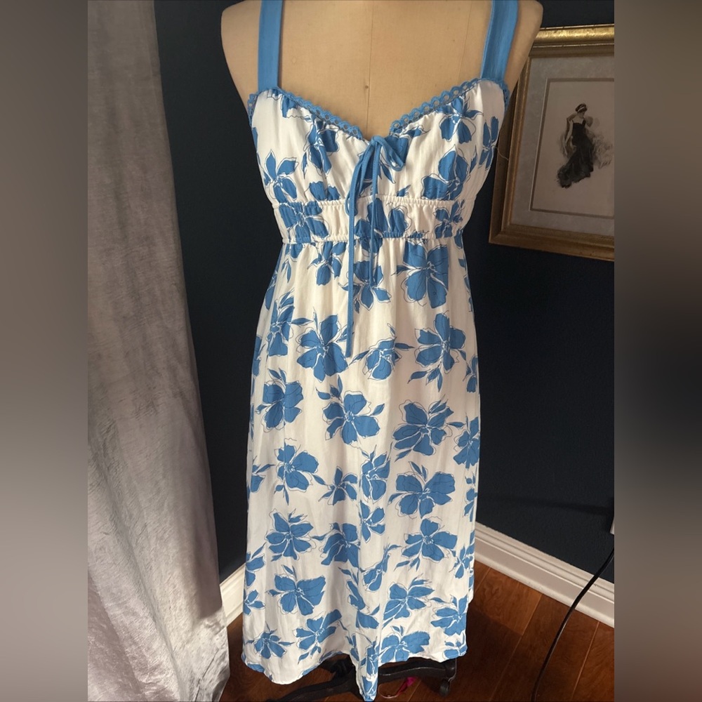 Blu Pepper Blue White Floral Midi Dress M Cottagecore Coastal Vacation Sundress - Picture 10 of 13